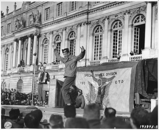 Where Kings of France Once Lived, Fred Astaire Dances for U.S. Soldiers in the Palace Garden at Versailles, France, During a U.S.O. Show for the Troops