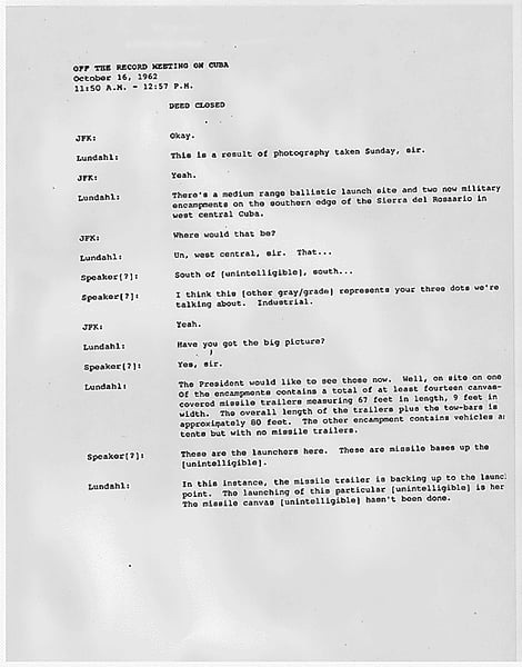Typewritten document of the transcript of the first meeting of the Executive Committee of the National Security Council discussing Soviet missiles in Cuba.