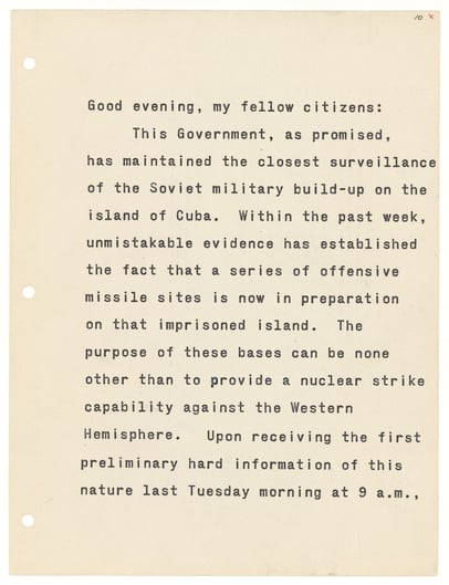 President John F. Kennedy's typewritten speech to the American people about Soviet missiles in Cuba.