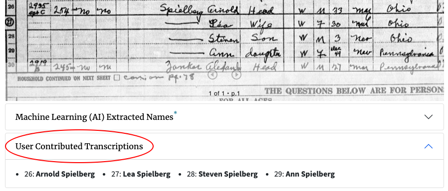 Population schedule image from the 1950 Census showing Steven Spielberg and his family. The 