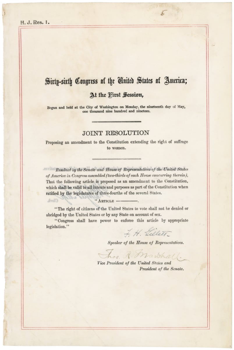 The 19th Amendment, proposing a constitutional amendment extending the right of suffrage to women.