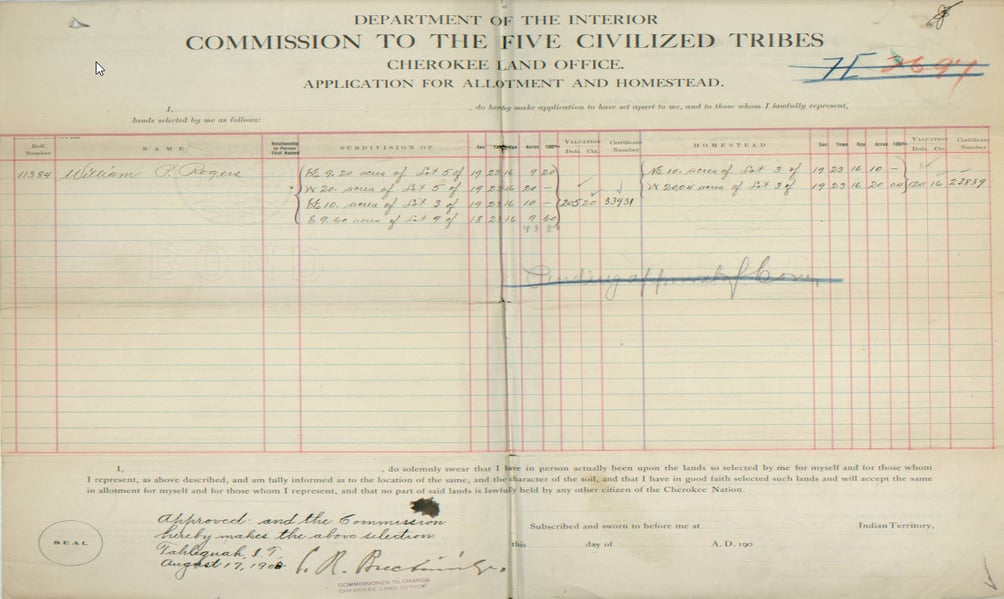 Application for Allotment, William P. Rogers, Enrollment Number 11384, page 14  National Archives Identifier 4662504