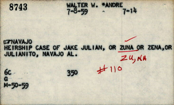 Typewritten index card containing name index to the probate records