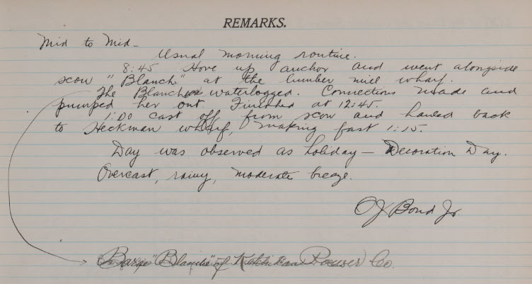 Logbook page from the USC & GSS McArthur showing the handwritten remarks page.