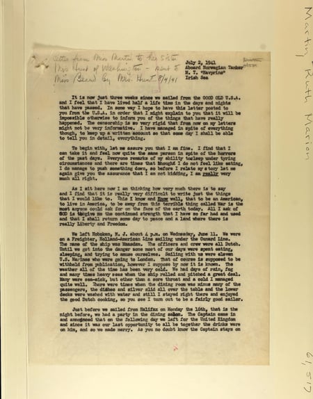 Typewritten page from Ruth Marion Martin's historical nurse case file. This particular page details the story of a ship sinking while traveling across the Atlantic.