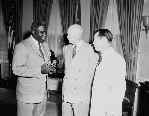 Photograph of Jackie Robinson, President Dwight D. Eisenhower, Comedian Joe E. Brown at the White House