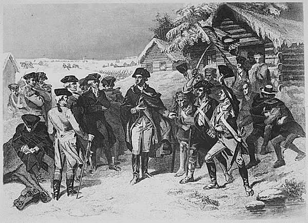 General George Washington and a Committee of Congress at Valley Forge. Winter 1777-78. Copy of engraving after W. H. Powell, published 1866.