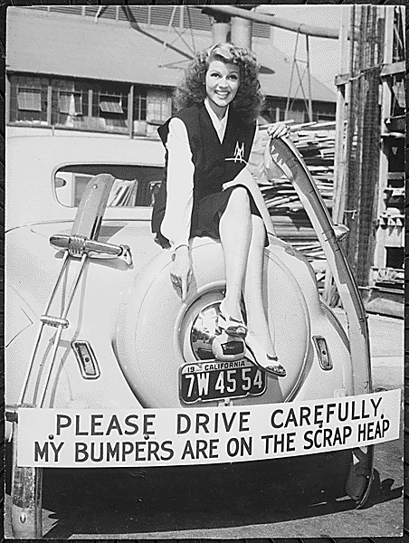  Harvesting bumper crop for Uncle Sam. Movie star Rita Hayworth sacrificed her bumpers for the duration. Besides setting an example by turning in unessential metal car parts, Miss Hayworth has been active in selling war bonds. Wide World