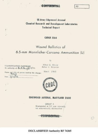 Cover page of the technical report document about the Wound Ballistics of 6.5 mm Mannlicher Carcano Ammunition