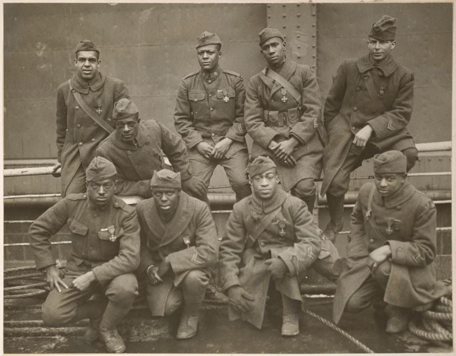 The 369th Infantry Regiment, commonly referred to as the Harlem Hellfighters, seen on board the USS Stockholm on February 12, 1919, as the soldiers awaited disembarkation in New York City.