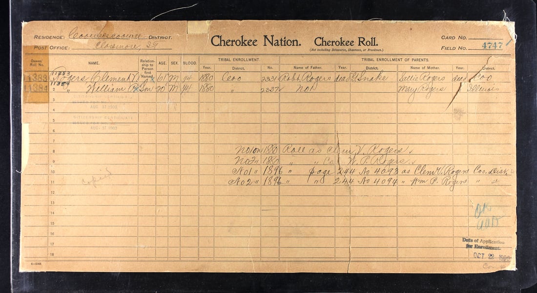 Dawes Enrollment Cards for Cherokee, Citizens by blood (BB), 4747 [Will Rogers]