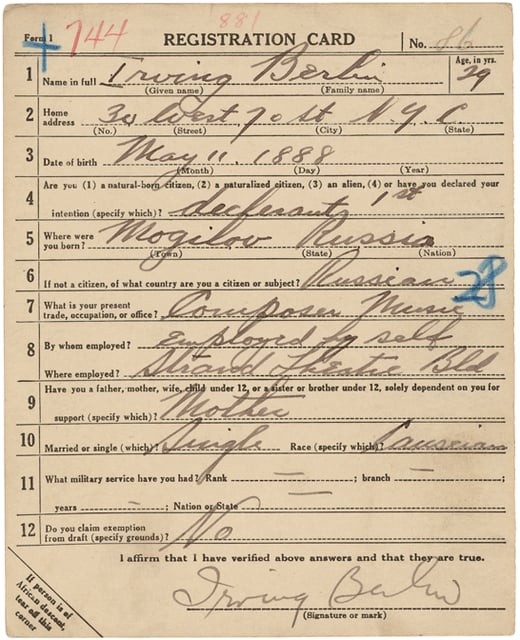 World War I Draft Registration Card for Irving Berlin