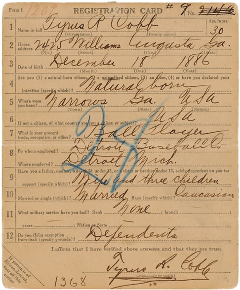 World War I Draft Registration Card for Tyrus R. Cobb