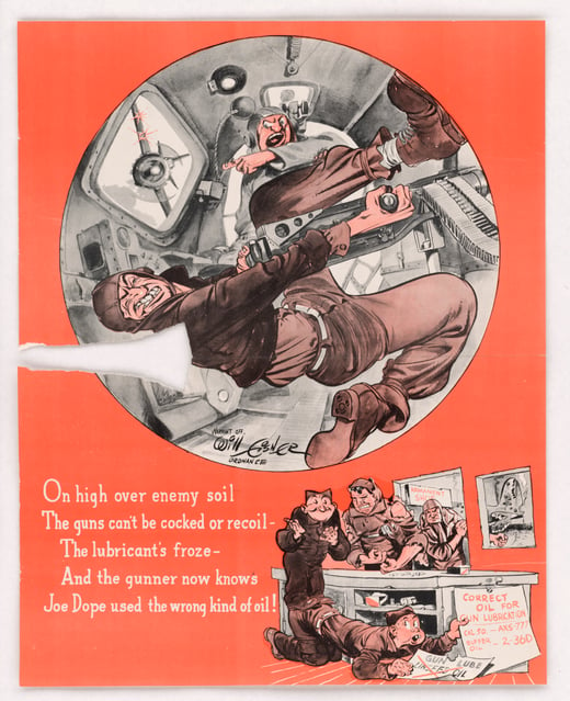 Color graphic poster of a military gunner struggling with a gun. The poster reads: 