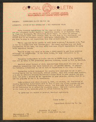 Office of War Information - War Production Board: Typewriters Slated for War Use. Guide Sheet No. 340,