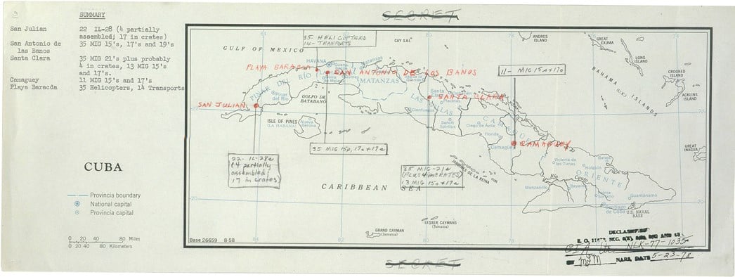 Map of Cuba showing aircraft locations. SECRET is written at the top and crossed out. Handwritten notations are noted on the map