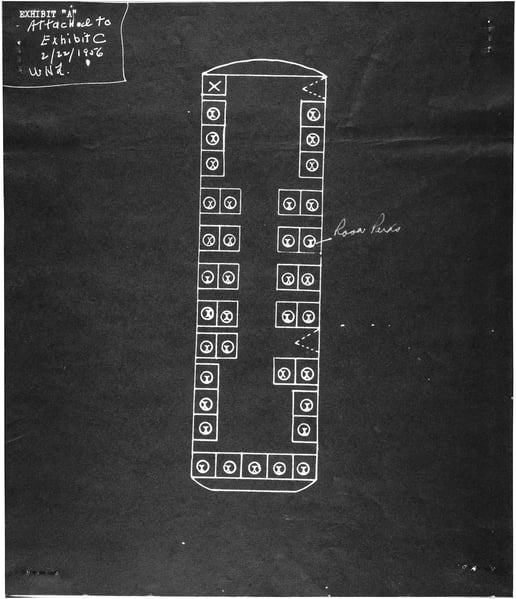 Black and white image of a diagram of the bus showing where Rosa Parks was seated