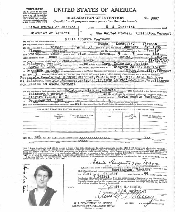 Declaration of Intention for Maria Augusta von Trapp