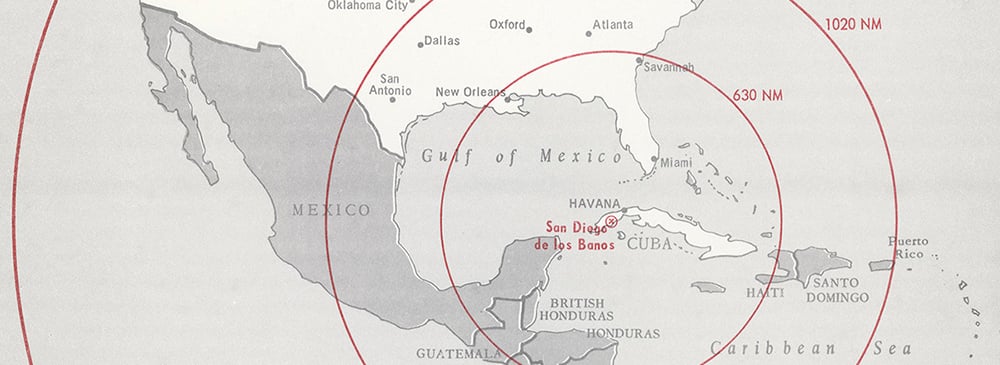Map of Cuba and the United States showing range of missiles with red concentric circles