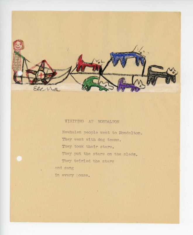 Typewritten page from a school newspaper. The top of the page includes a hand drawn image of a team of sled dogs. The poem reads 