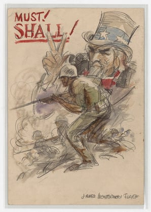 Color poster with hand-drawn artwork of a military service member with Uncle Sam behind him. The poster reads: 