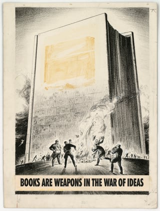 Color poster with artwork of a large book in the background with people gathered at the base throwing books into a fire. The poster reads: 