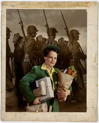Color poster with artwork of a woman carrying groceries while soldiers march with guns on their shoulders.