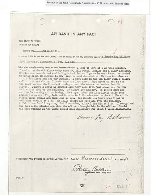 Typewritten affidavit from Records Relating to Key Persons, Bonnie Ray Williams.