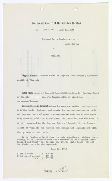 First page of the Supreme Court Decision in Loving vs. Virginia.