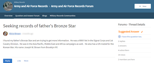 screenshot of: Seeking records of father's Bronze Star