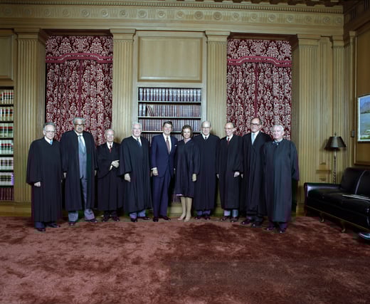 Supreme Court Justices Pose with President Ronald Reagan in The Supreme Court Conference Room