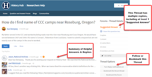 screenshot of a History Hub question entitled: How do I find name of CCC camps near Roseburg, Oregon?