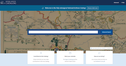 Homepage of the new National Archives Catalog