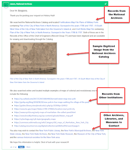Screenshot of National Archives staff response to a user’s inquiry about Colonial-era maps of New York City