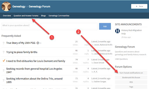 Genealogy Forum screenshot with arrows pointing toward Question and Answer Forums and options