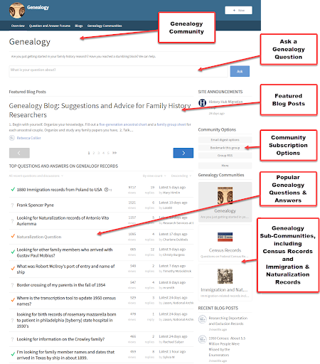 screenshot of History Hub's Genealogy Community