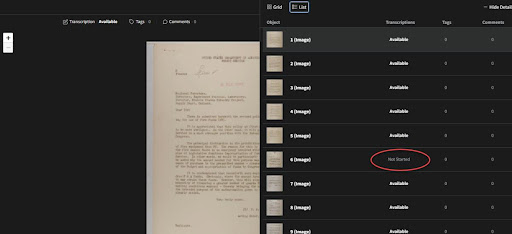 Screen capture from the Catalog showing the availability of transcriptions in the list view