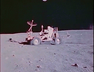 Animated gif of a off road space vehicle driven by an astronaut on the surface of the moon 