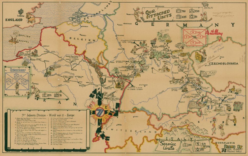 Color hand drawn map of Western Europe entitled 