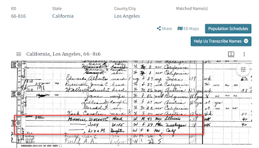 1950 Census population schedule from Los Angeles County, California, showing Judy Garland and Liza Minelli