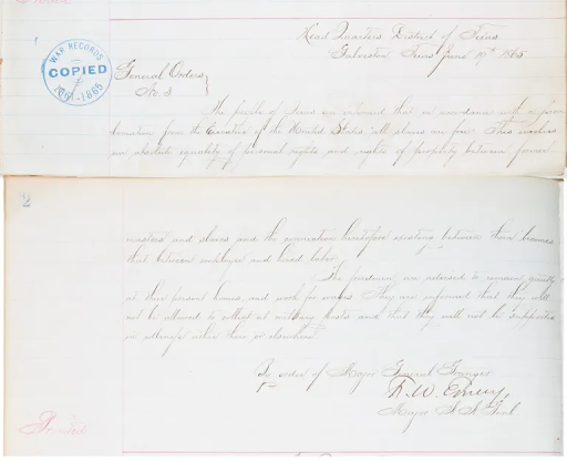 Handwritten cursive document Juneteenth General Order No 3