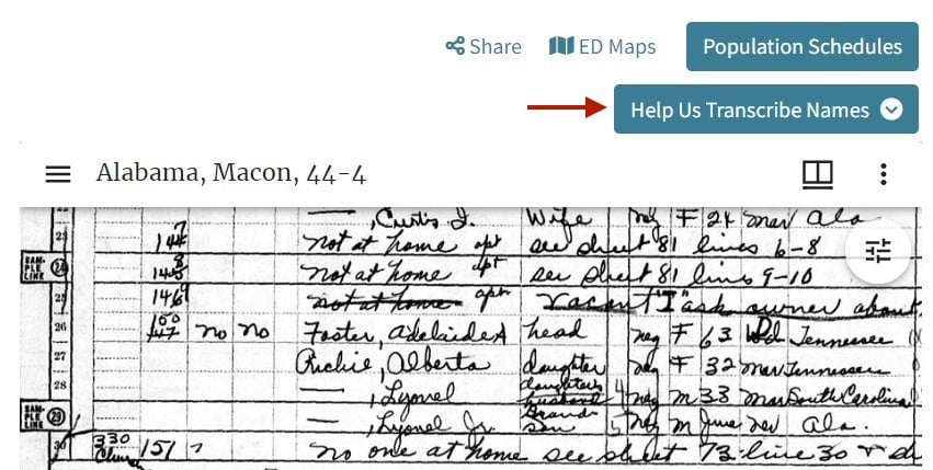Screenshot of a 1950 Census population schedule with an arrow pointing toward the 