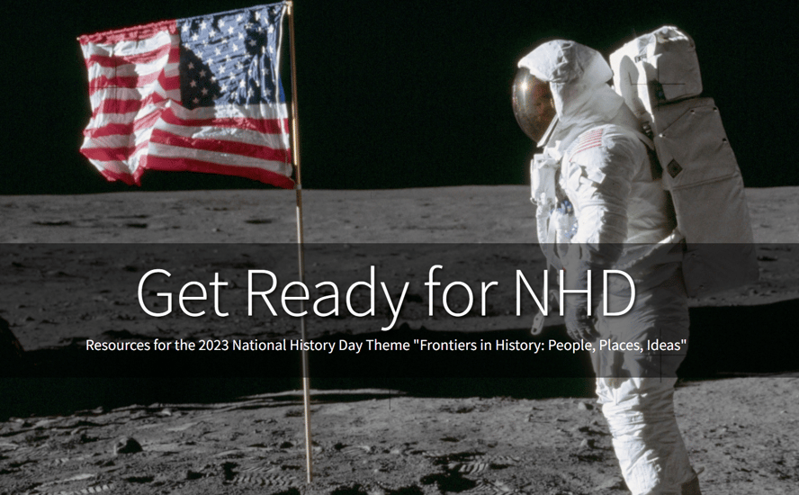 Screengrab of the National History Day resources page featuring an astronaut on the moon next to the American flag