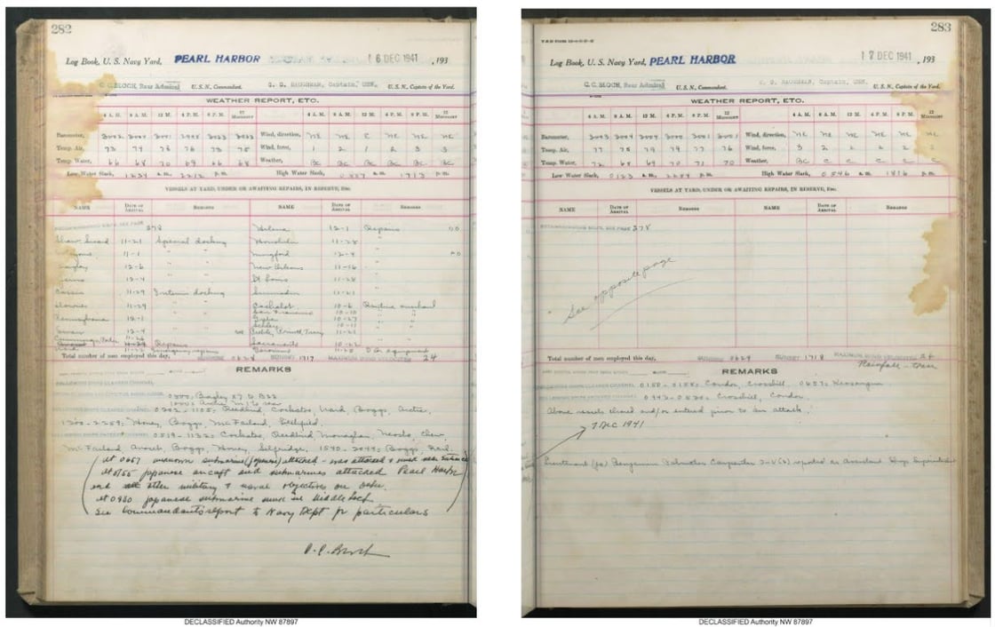 Entries from Pearl Harbor Naval Base, Pearl Harbor Navy Yard Logbook