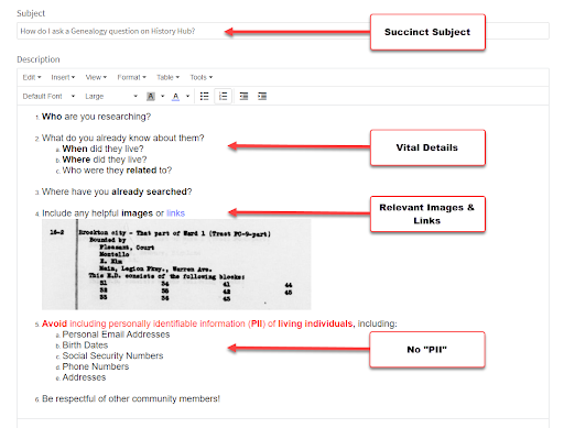 Screen capture of the Ask Question option, showing the fields needed to complete, as well as the all the details need to ask a question