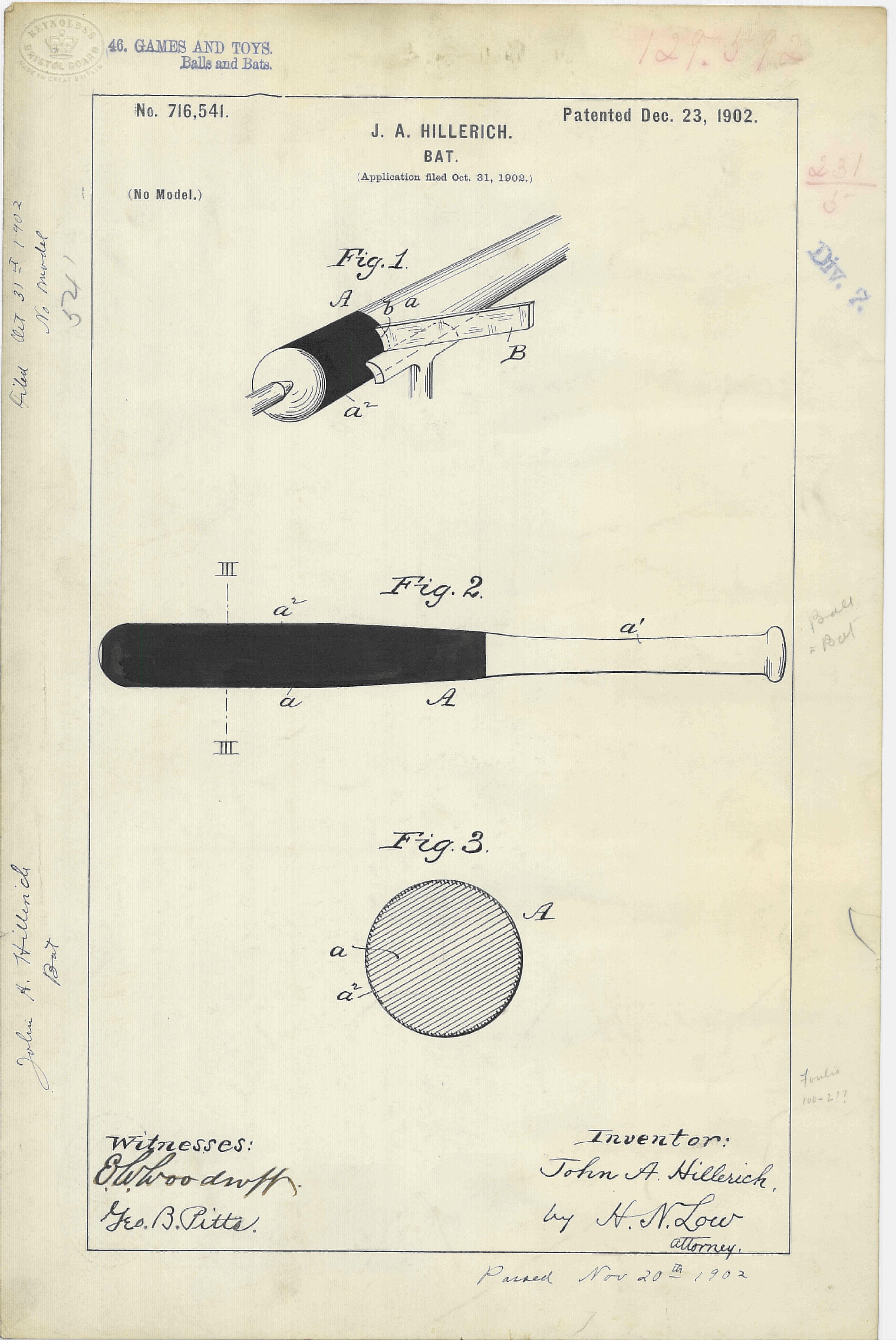 Patent Drawing for J. A. Hillerich's Bat