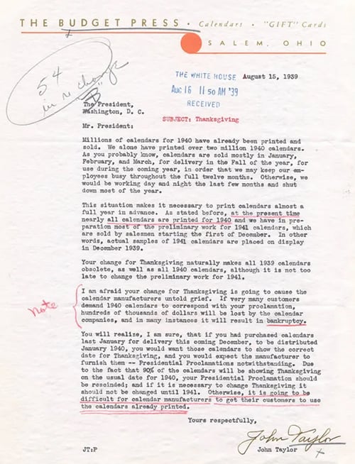 A letter of complaint to FDR about changing the date of Thanksgiving