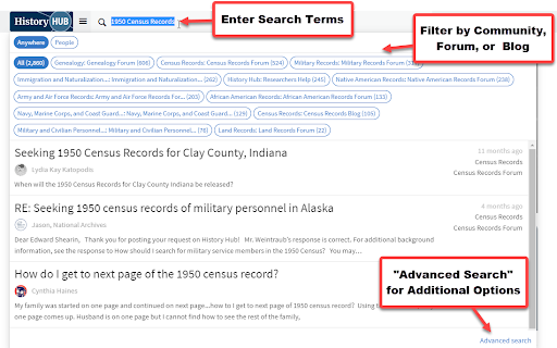 screenshot of History Hub search options