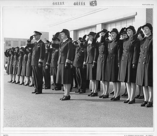 Captain Mildred H. McAfee, Accompanied by Rear Admiral George S. Bryan, Inspects the Waves on Duty at the Hydrographic Office, Suitland, Maryland