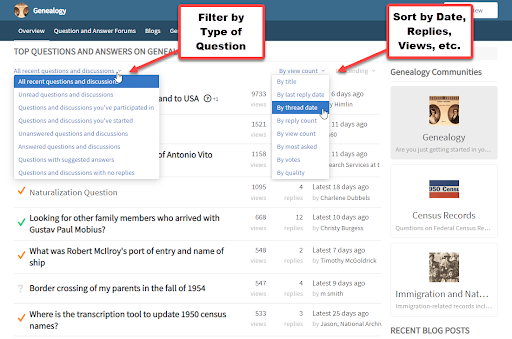 screenshot showing forum filtering and sorting options